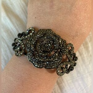Gun Metal Jeweled‎ Rose Hinged Bracelet